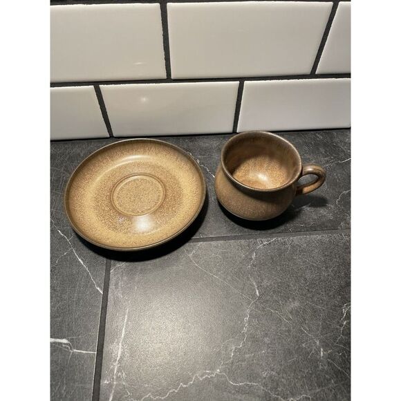 Vtg Denby made in England stoneware tea cup coffee mug with saucer brown drip - Picture 3 of 6